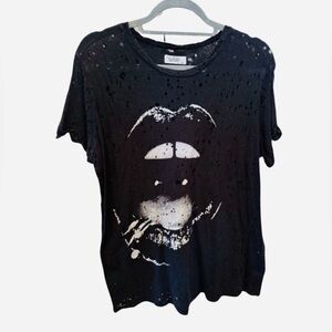 Lauren Moshi Black tee with Open Mouth. Distressed look. Size Small.